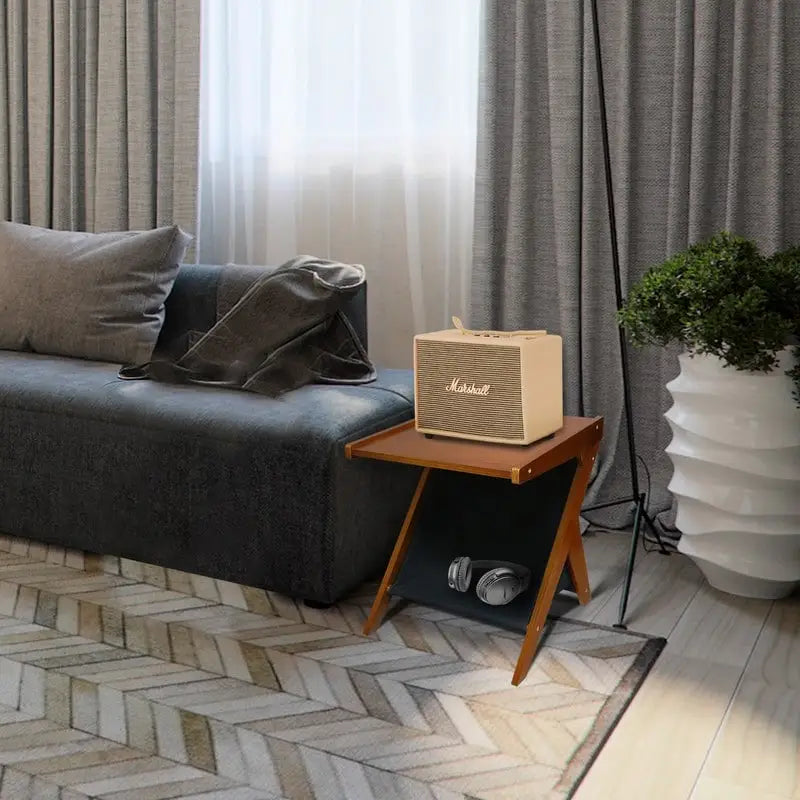 Z-Shaped Sofa Side Table with Storage Shelf, Natural Wood Finish