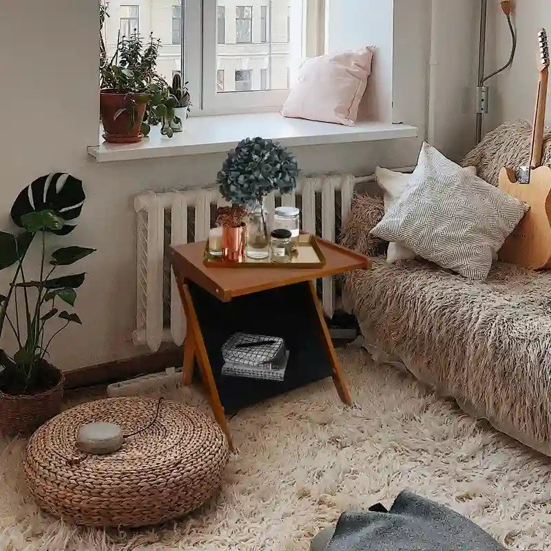Z-Shaped Sofa Side Table with Storage Shelf, Natural Wood Finish