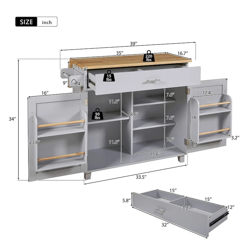 A Mobile Kitchen Island Storage , Adjustable Shelves, Wheels