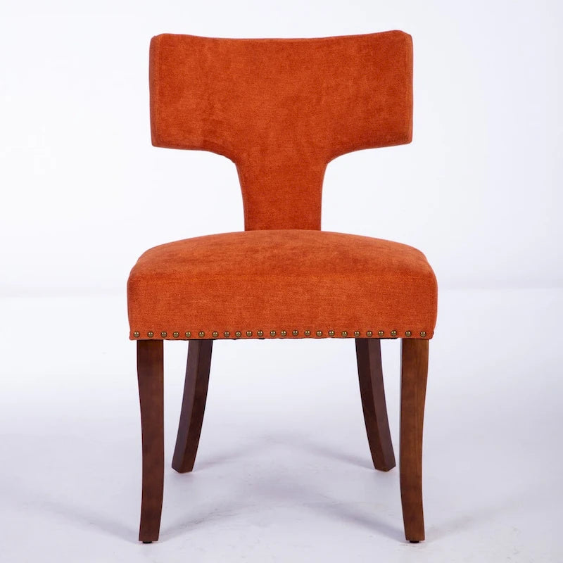 Modern Dining Chairs Set of 2, Farmhouse Linen Fabric Upholstered Accent Chair Curved Backrest with Copper Nails around