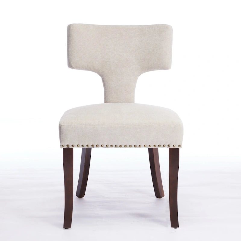 Modern Dining Chairs Set of 2, Farmhouse Linen Fabric Upholstered Accent Chair Curved Backrest with Copper Nails around