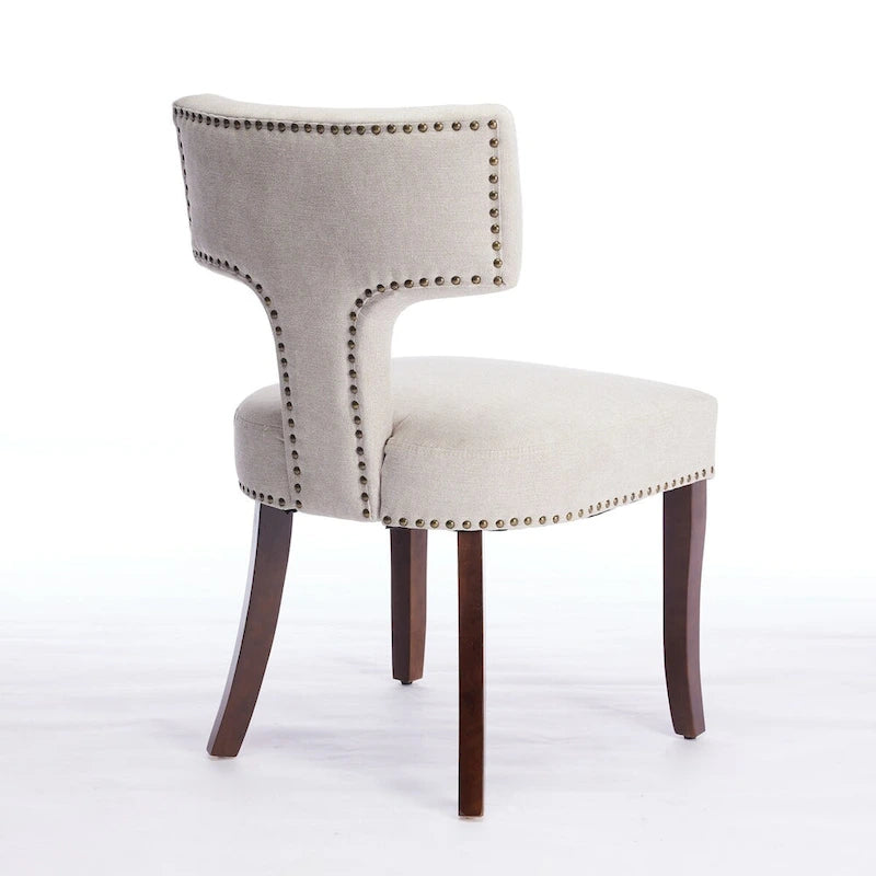 Modern Dining Chairs Set of 2, Farmhouse Linen Fabric Upholstered Accent Chair Curved Backrest with Copper Nails around